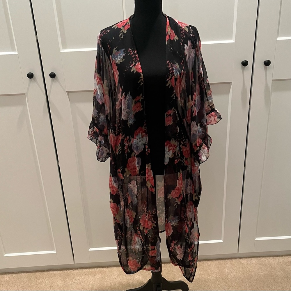 Betsey Johnson Sheer Kimono/ Beach Cover Up Ruffled Sleeves Open Front Boho